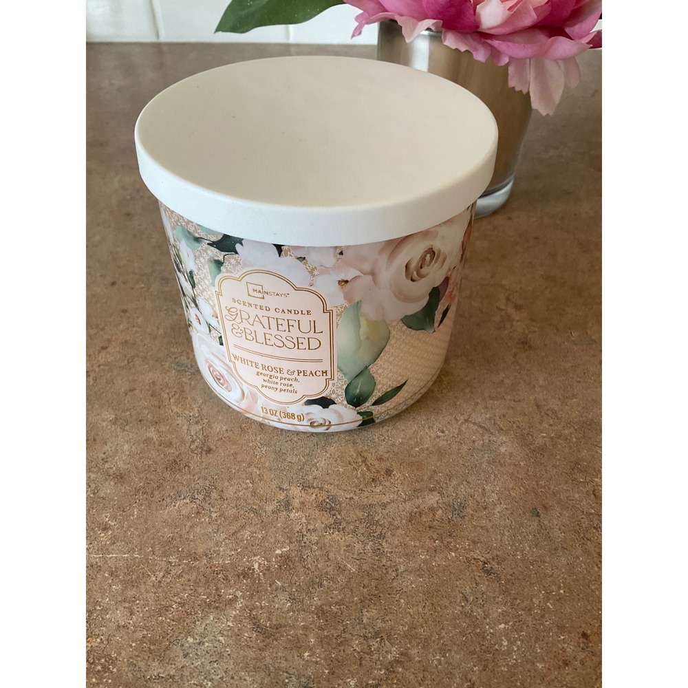 Mainstays Grateful & Blessed White Rose &‎ Peach 3-Wick Scented Candle 13 oz